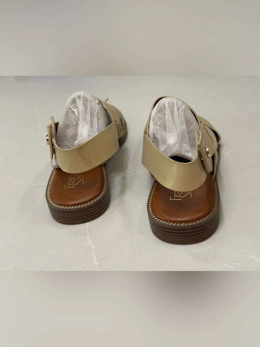Franco Sarto Glenni Sparkle Cream Strappy Ankle Strap Flat Gold Hardware, 8